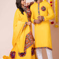 Vibrant Yellow Rayon Couple Navratri Outfit with Kutchi Mirror and Elephant Embroidery