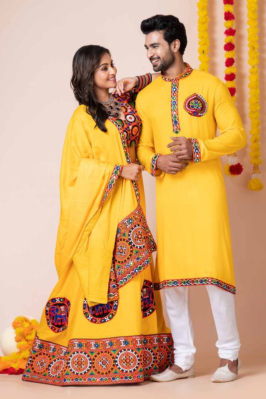 Vibrant Yellow Rayon Couple Navratri Outfit with Kutchi Mirror and Elephant Embroidery