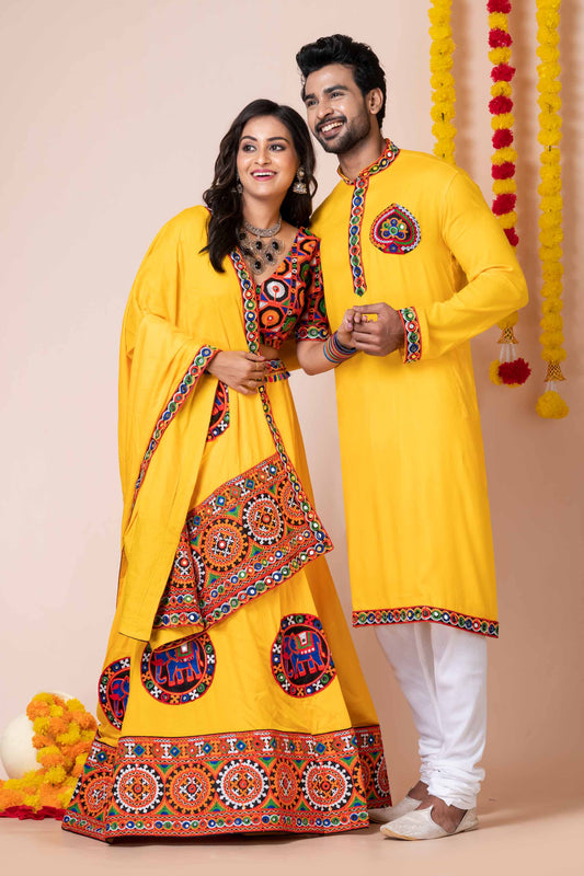 Vibrant Yellow Rayon Couple Navratri Outfit with Kutchi Mirror and Elephant Embroidery