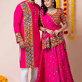 Hot Pink Rayon Couple Navratri Outfit with Multicolor Kutchi Mirror and Thread Embroidery