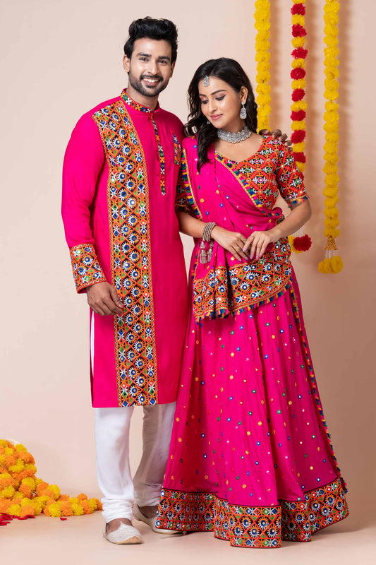 Hot Pink Rayon Couple Navratri Outfit with Multicolor Kutchi Mirror and Thread Embroidery