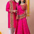 Hot Pink Rayon Couple Navratri Outfit with Multicolor Kutchi Mirror and Thread Embroidery