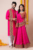 Hot Pink Rayon Couple Navratri Outfit with Multicolor Kutchi Mirror and Thread Embroidery