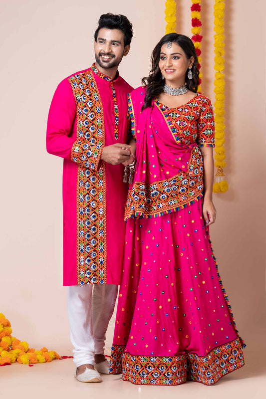Hot Pink Rayon Couple Navratri Outfit with Multicolor Kutchi Mirror and Thread Embroidery
