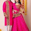 Hot Pink Rayon Couple Navratri Outfit with Multicolor Kutchi Mirror and Thread Embroidery