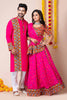 Hot Pink Rayon Couple Navratri Outfit with Multicolor Kutchi Mirror and Thread Embroidery