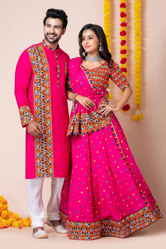 Hot Pink Rayon Couple Navratri Outfit with Multicolor Kutchi Mirror and Thread Embroidery