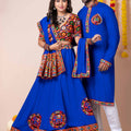 Royal Blue Rayon Couple Navratri Outfit with Multicolor Kutchi Mirror and Thread Embroidery