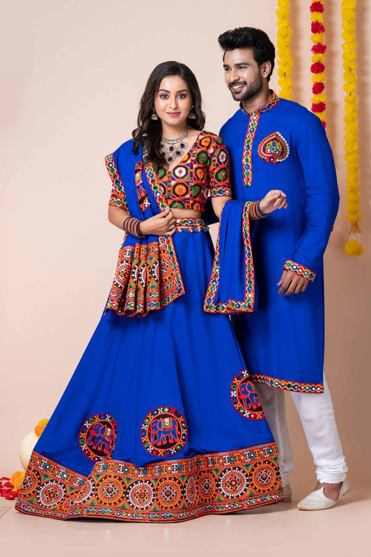 Royal Blue Rayon Couple Navratri Outfit with Multicolor Kutchi Mirror and Thread Embroidery