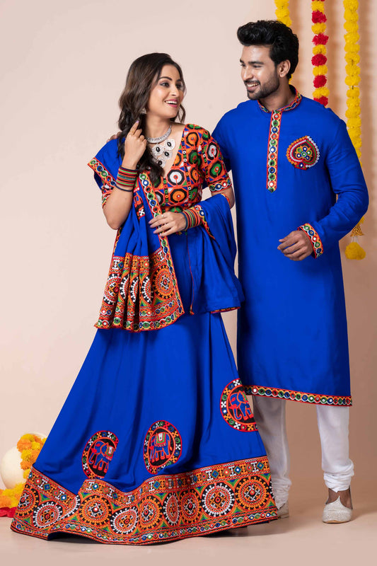 Royal Blue Rayon Couple Navratri Outfit with Multicolor Kutchi Mirror and Thread Embroidery