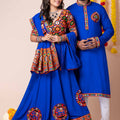 Royal Blue Rayon Couple Navratri Outfit with Multicolor Kutchi Mirror and Thread Embroidery