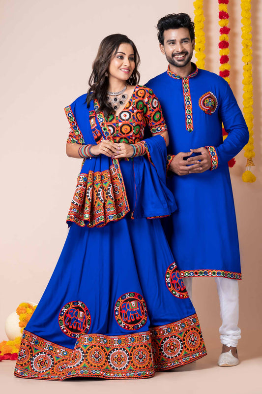 Royal Blue Rayon Couple Navratri Outfit with Multicolor Kutchi Mirror and Thread Embroidery