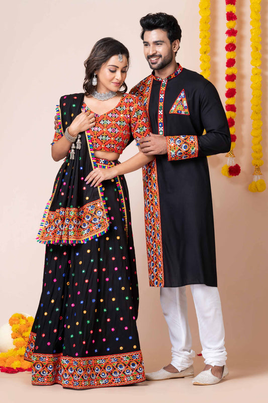 Black Rayon Couple Navratri Outfit with Multicolor Kutchi Mirror and Thread Embroidery