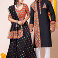 Black Rayon Couple Navratri Outfit with Multicolor Kutchi Mirror and Thread Embroidery