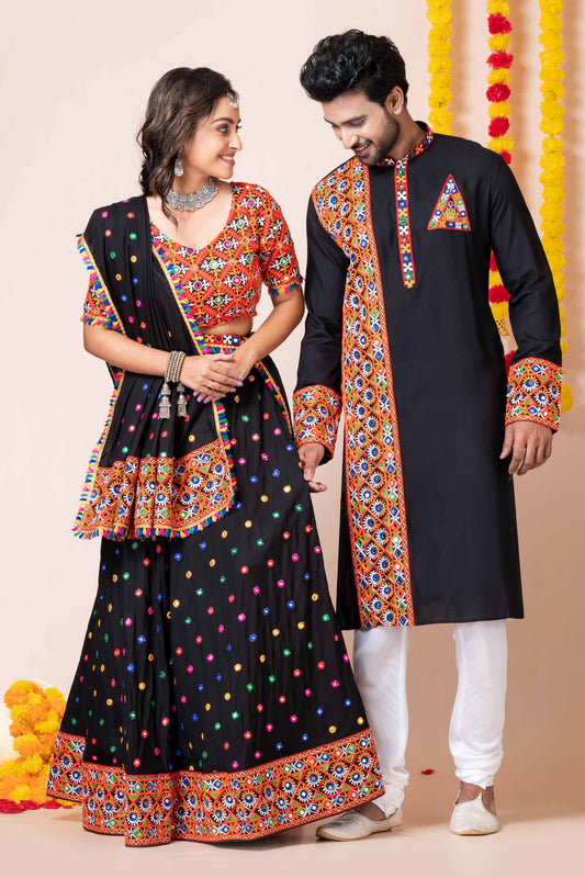Black Rayon Couple Navratri Outfit with Multicolor Kutchi Mirror and Thread Embroidery
