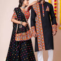 Black Rayon Couple Navratri Outfit with Multicolor Kutchi Mirror and Thread Embroidery