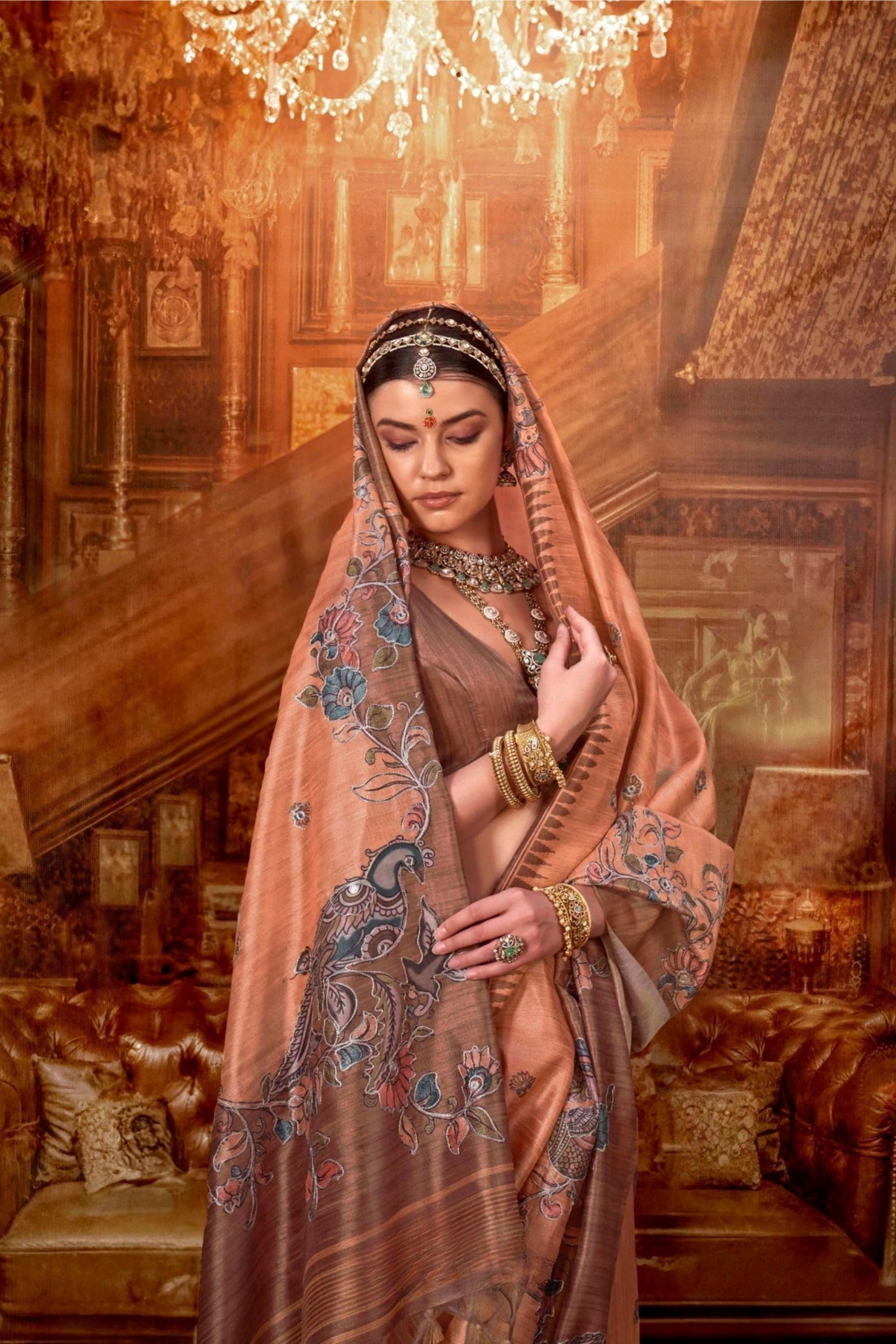 Peach Silk Saree with Floral Peacock Embroidery Saree with Blouse