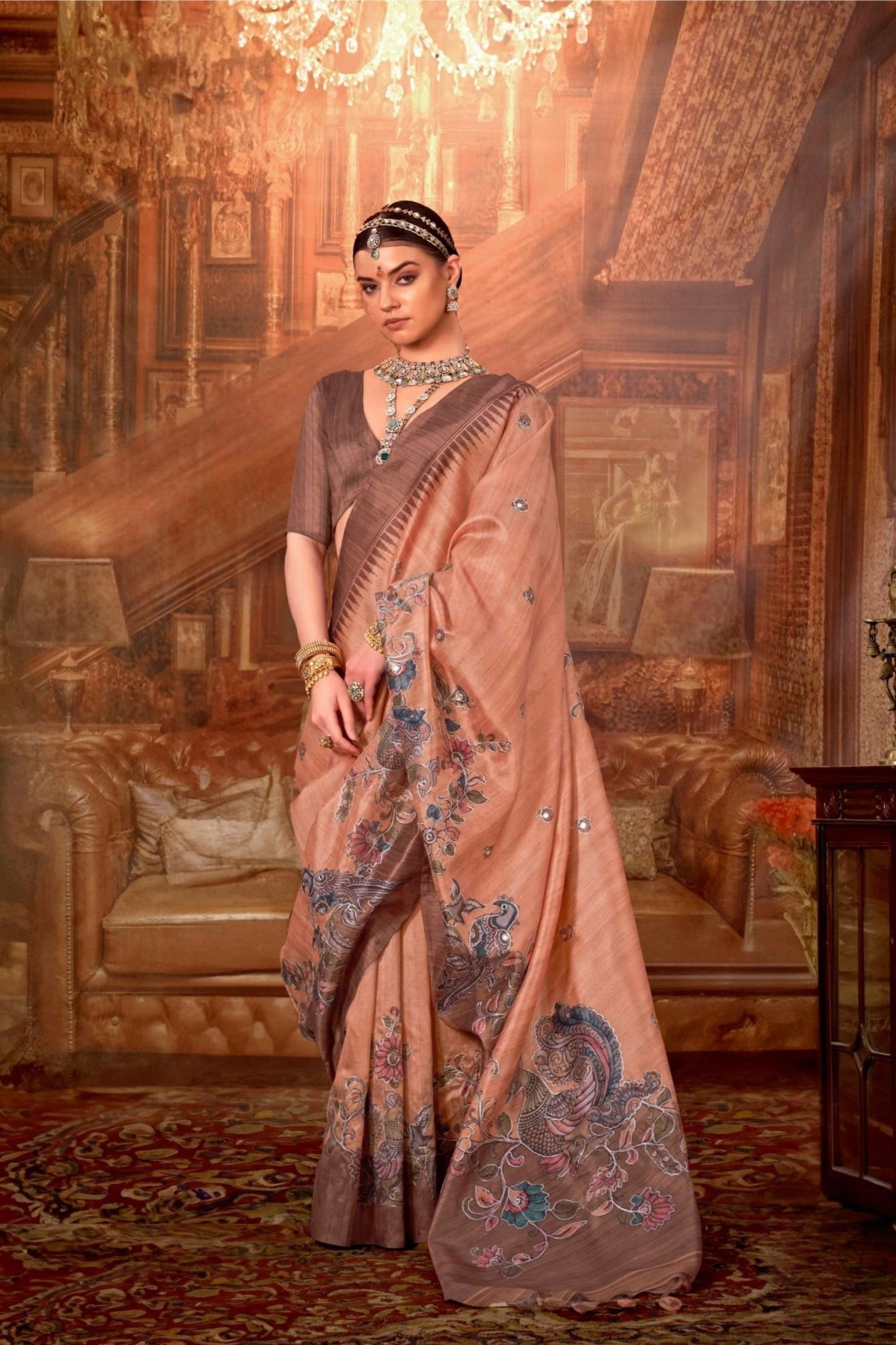 Peach Silk Saree with Floral Peacock Embroidery Saree with Blouse