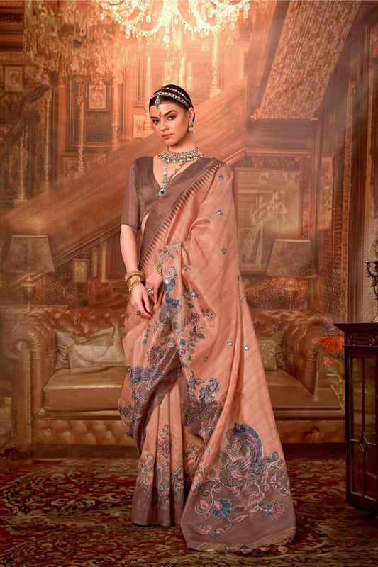 Peach Silk Saree with Floral Peacock Embroidery Saree with Blouse