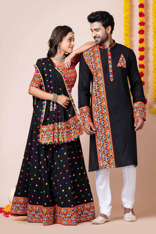 Black Rayon Couple Navratri Outfit with Multicolor Kutchi Mirror and Thread Embroidery