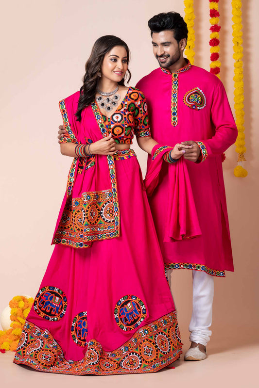 Couple Hot Pink Gujarati Embroidered Chaniya Choli and Kurta Set with Mirror Work