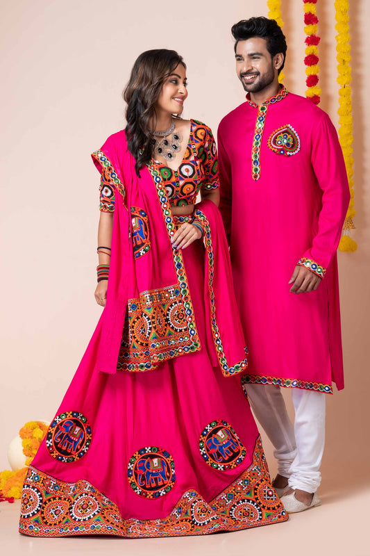 Couple Hot Pink Gujarati Embroidered Chaniya Choli and Kurta Set with Mirror Work