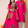Couple Hot Pink Gujarati Embroidered Chaniya Choli and Kurta Set with Mirror Work