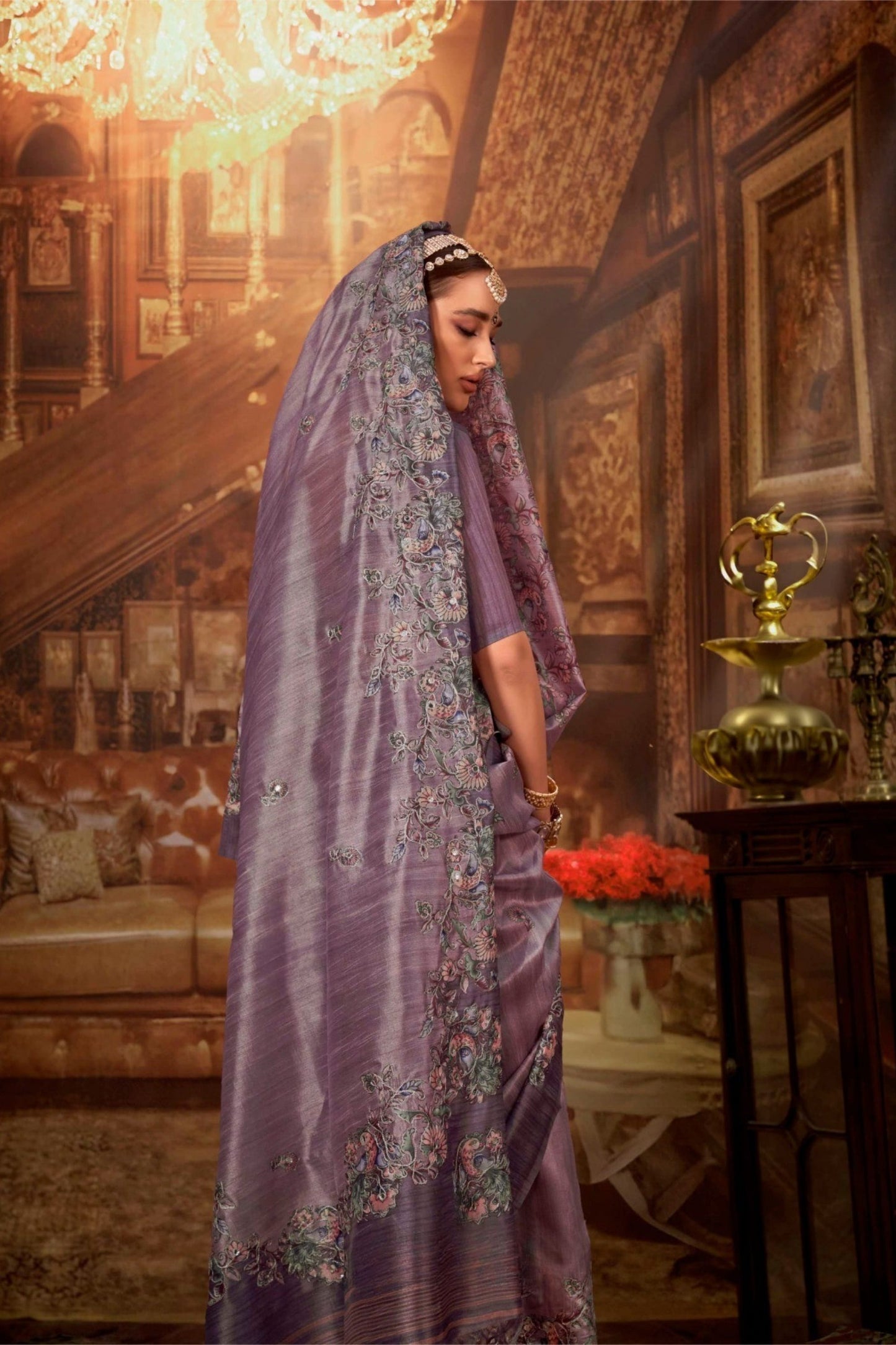 Lavender Designer Silk Saree with Heavy Floral Embroidery Saree