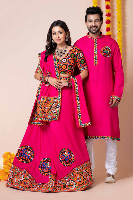 Couple Hot Pink Gujarati Embroidered Chaniya Choli and Kurta Set with Mirror Work