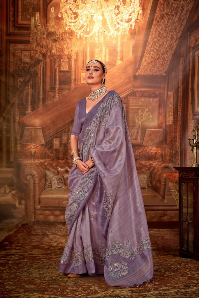 Lavender Designer Silk Saree with Heavy Floral Embroidery Saree