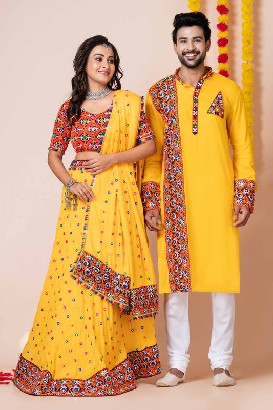 Couple Yellow Gujarati Embroidered Navratri Chaniya Choli and Kurta Set with Mirror Work
