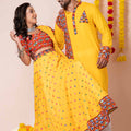 Couple Yellow Gujarati Embroidered Navratri Chaniya Choli and Kurta Set with Mirror Work