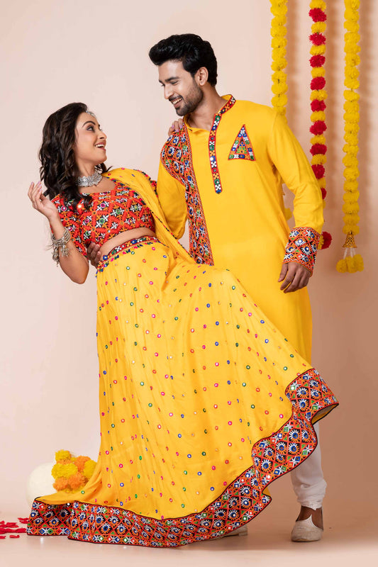 Couple Yellow Gujarati Embroidered Navratri Chaniya Choli and Kurta Set with Mirror Work