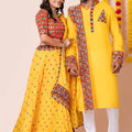 Couple Yellow Gujarati Embroidered Navratri Chaniya Choli and Kurta Set with Mirror Work