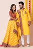 Couple Yellow Gujarati Embroidered Navratri Chaniya Choli and Kurta Set with Mirror Work