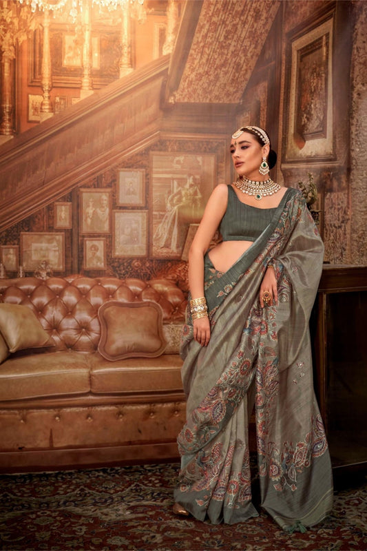 Olive Green Designer Silk Saree with Heavy Floral Embroidery Saree