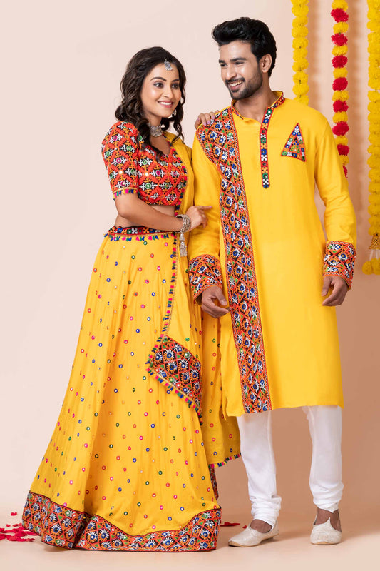 Couple Yellow Gujarati Embroidered Navratri Chaniya Choli and Kurta Set with Mirror Work