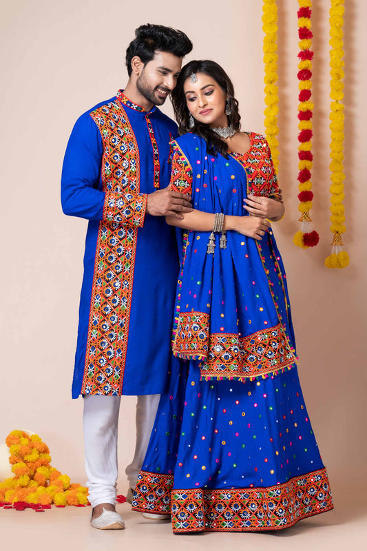 Couple Royal Blue Gujarati Embroidered Chaniya Choli and Kurta Set with Mirror Work