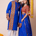 Couple Royal Blue Gujarati Embroidered Chaniya Choli and Kurta Set with Mirror Work