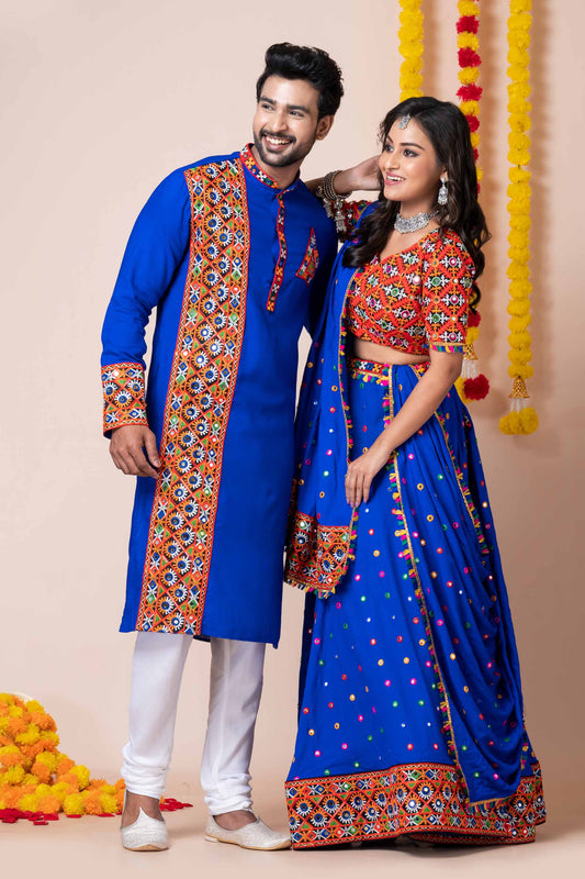 Couple Royal Blue Gujarati Embroidered Chaniya Choli and Kurta Set with Mirror Work