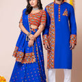 Couple Royal Blue Gujarati Embroidered Chaniya Choli and Kurta Set with Mirror Work