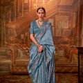 Teal Blue Silk Saree with Floral Embroidery Designer Saree with Blouse