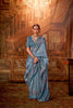 Teal Blue Silk Saree with Floral Embroidery Designer Saree with Blouse