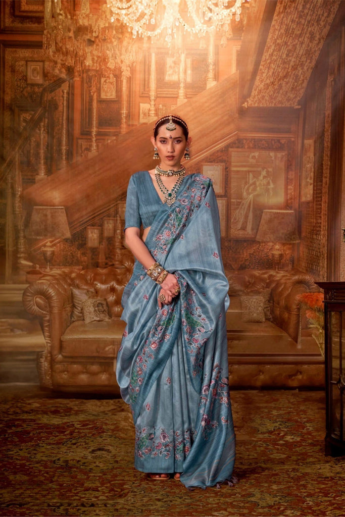 Teal Blue Silk Saree with Floral Embroidery Designer Saree with Blouse