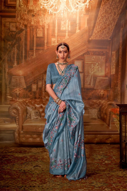 Teal Blue Silk Saree with Floral Embroidery Designer Saree with Blouse