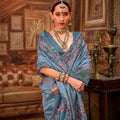 Teal Blue Silk Saree with Floral Embroidery Designer Saree with Blouse