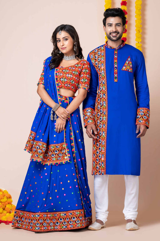 Couple Royal Blue Gujarati Embroidered Chaniya Choli and Kurta Set with Mirror Work
