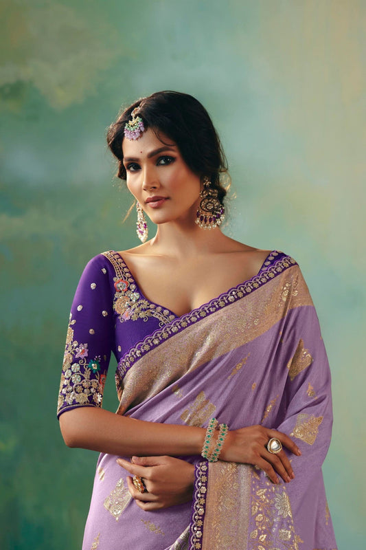 Lavender Banarasi Silk Saree Embroidered Purple Blouse