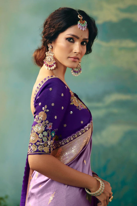 Lavender Banarasi Silk Saree Embroidered Purple Blouse