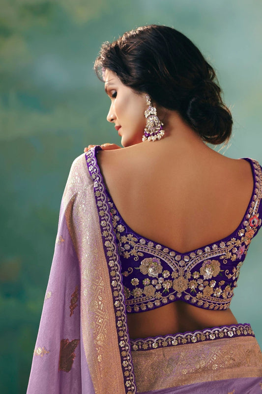 Lavender Banarasi Silk Saree Embroidered Purple Blouse